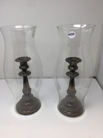 Silverplate Candlesticks w/ Hurricane Shades