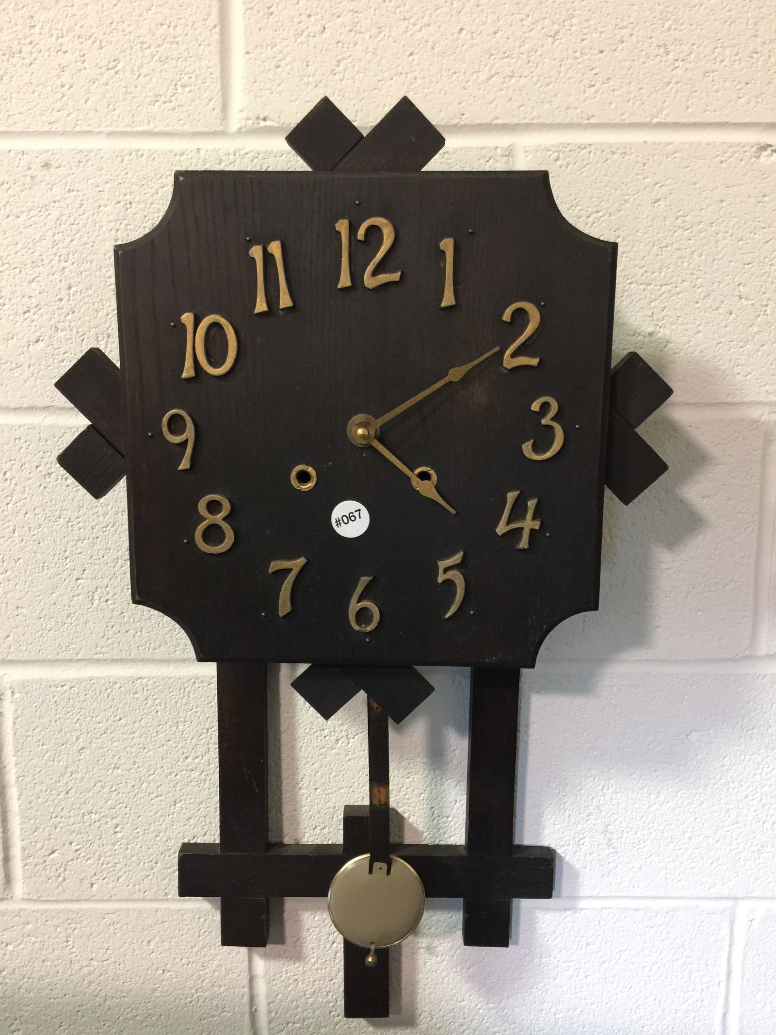Mission Oak Wall Clock: Raised brass numerals. Includes pendulum. 28" H x 16" W.
