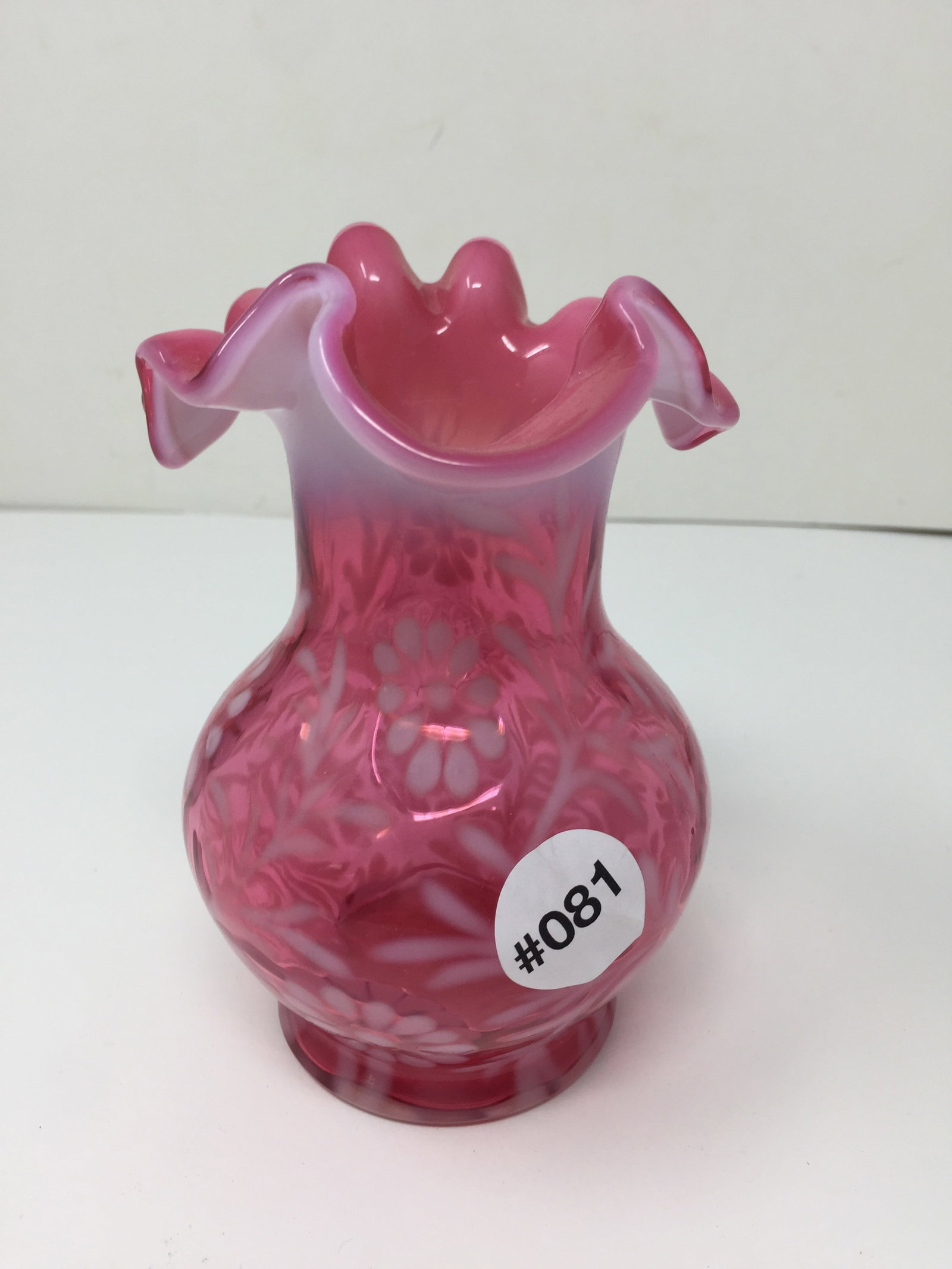 Fenton Daisy & Fern Cream Pitcher: Fluted top and applied handle. 5.5" H.