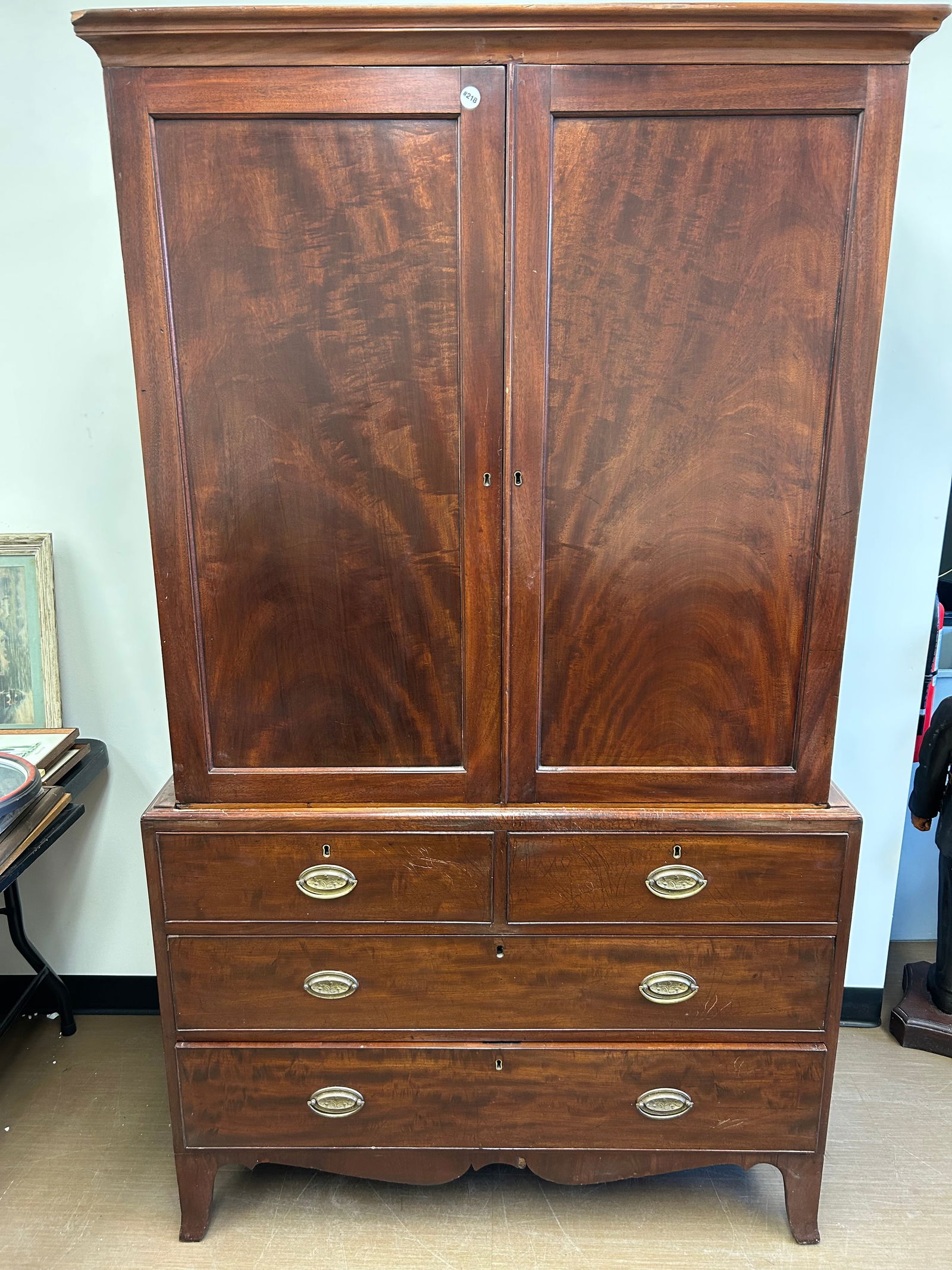 Period Linen Press: ca. 1810, cherry, dovetail body and drawers, four drawers. 45"x22"x79, 2 pieces