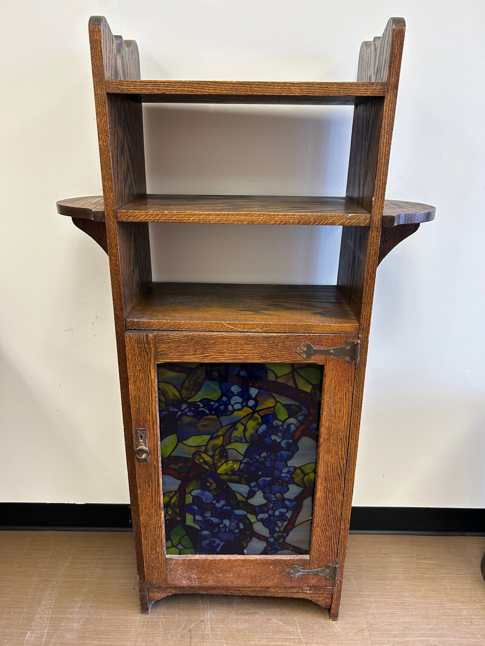 Mission Oak Bookcase: 56"x 31" x 12". Colorful glass insert on door.
