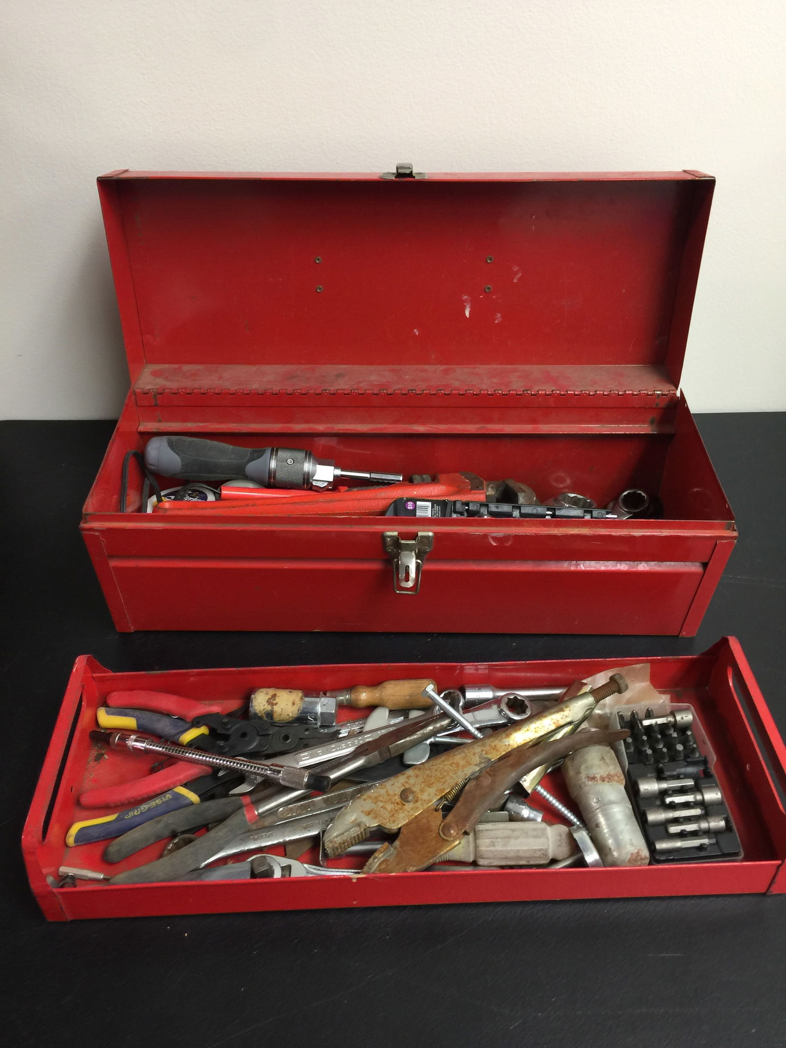 Toolbox with Tools: metal box is 7" x 19" x 7", includes all tools