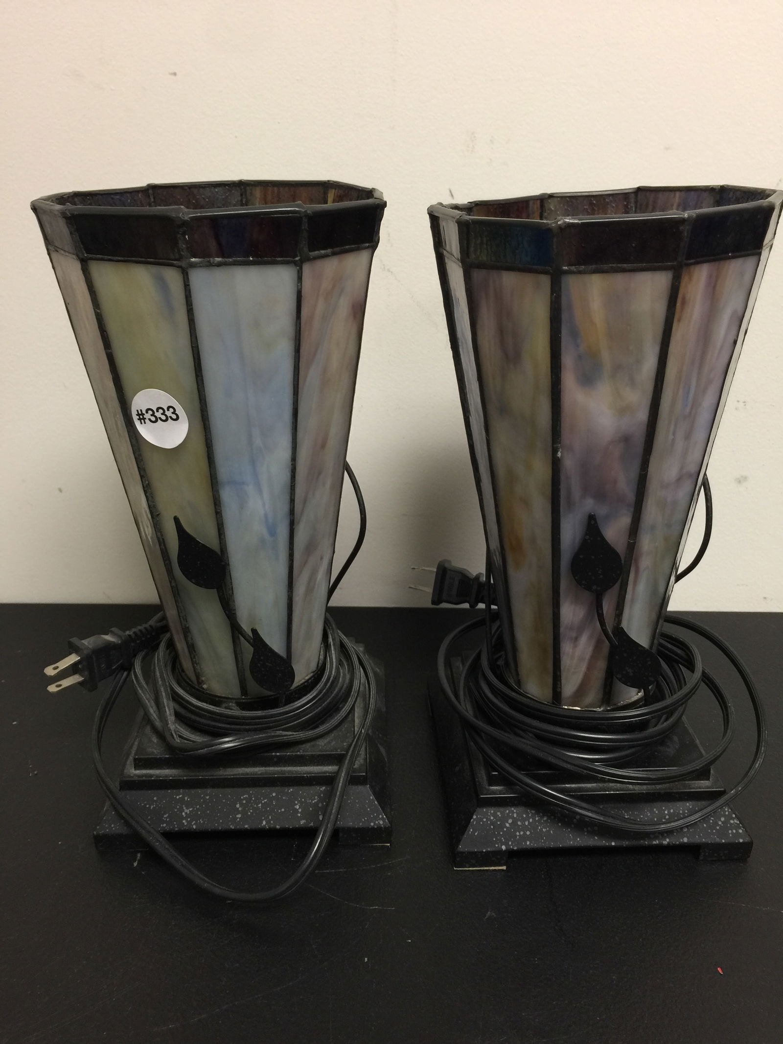 Pair of Leaded Glass Lights: 12" H. 6" round shade.