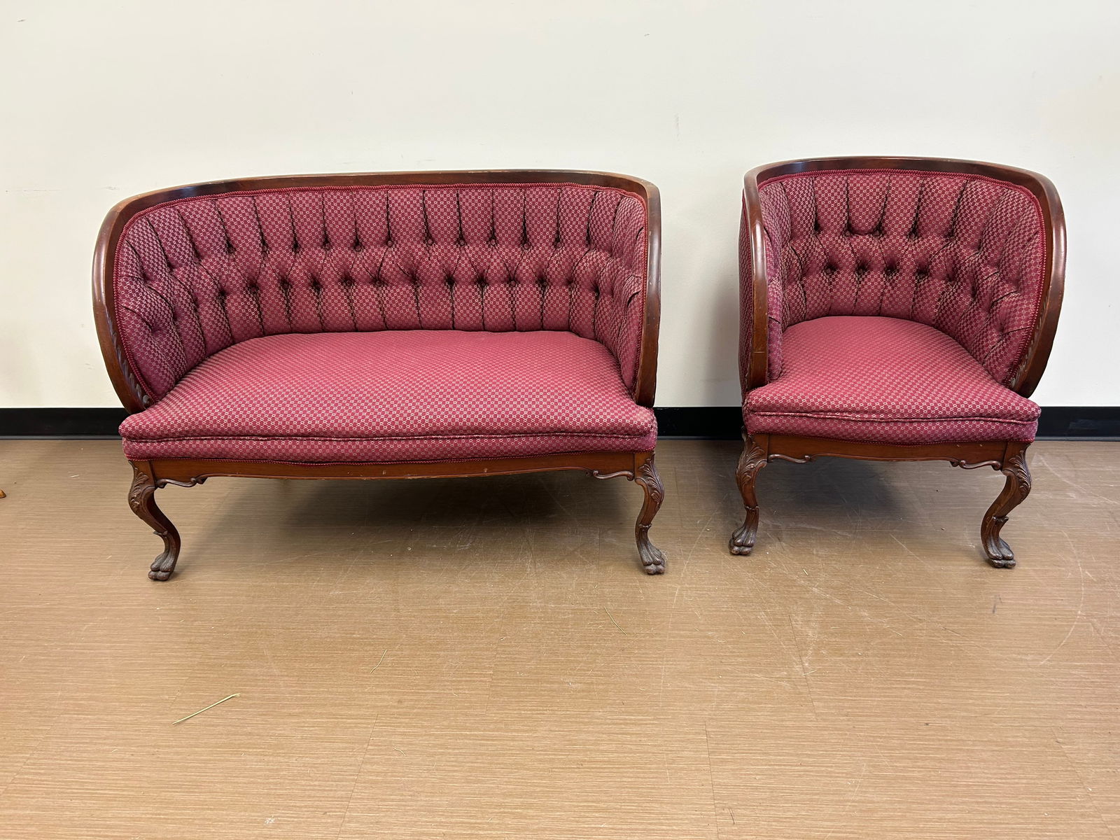 Matching Loveseat & Chair: Loveseat 32" x 47"x 20". Matching chair 32" x 24" x 20". Sit on finely carved base.