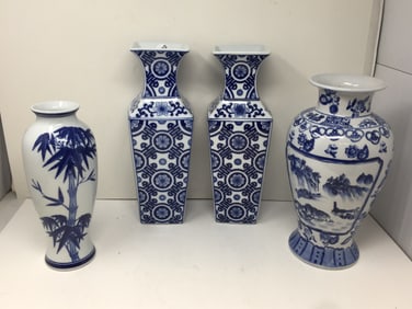 4 Pcs Blue on White Asian Style Vases