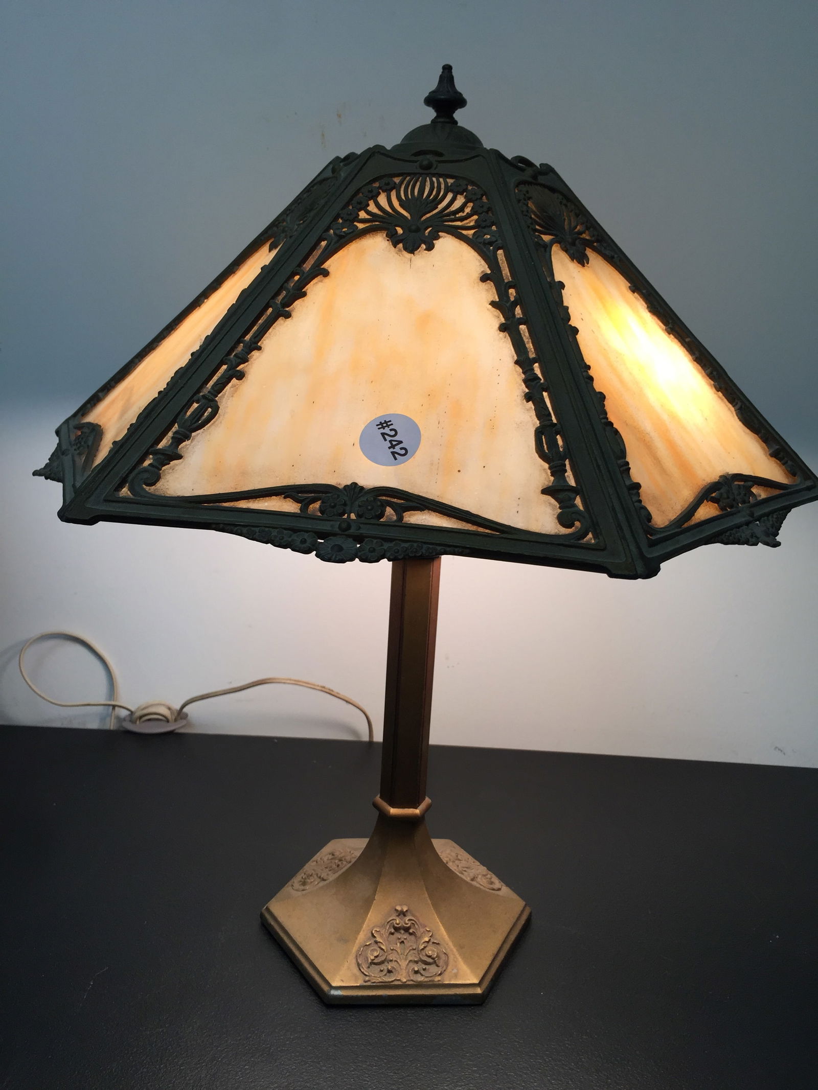 Antique 6 Panel Slag Glass Lamp (1 of 5)