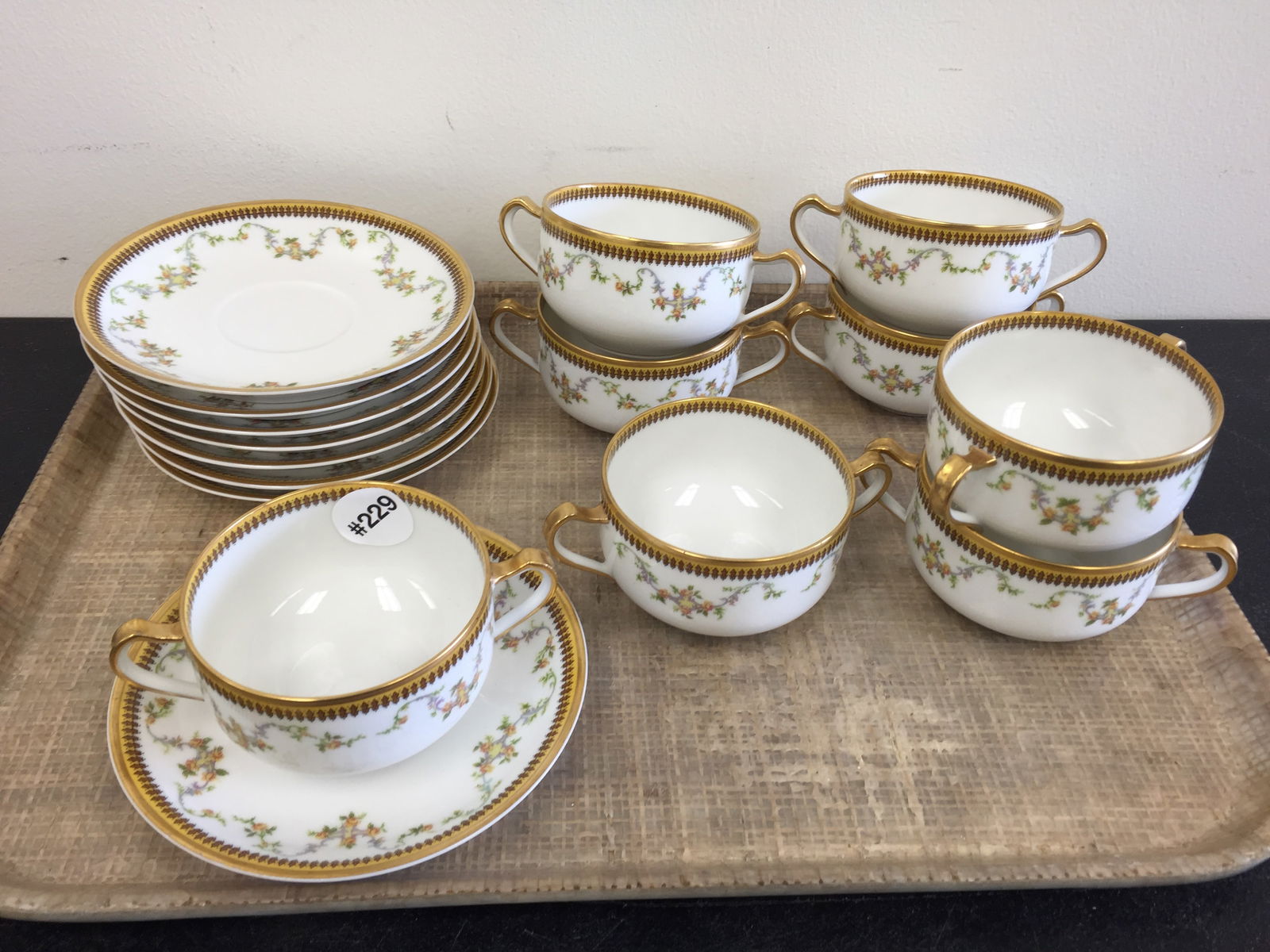 8 Limoges Cream Soups: All signed. Saucer 5.5" W.