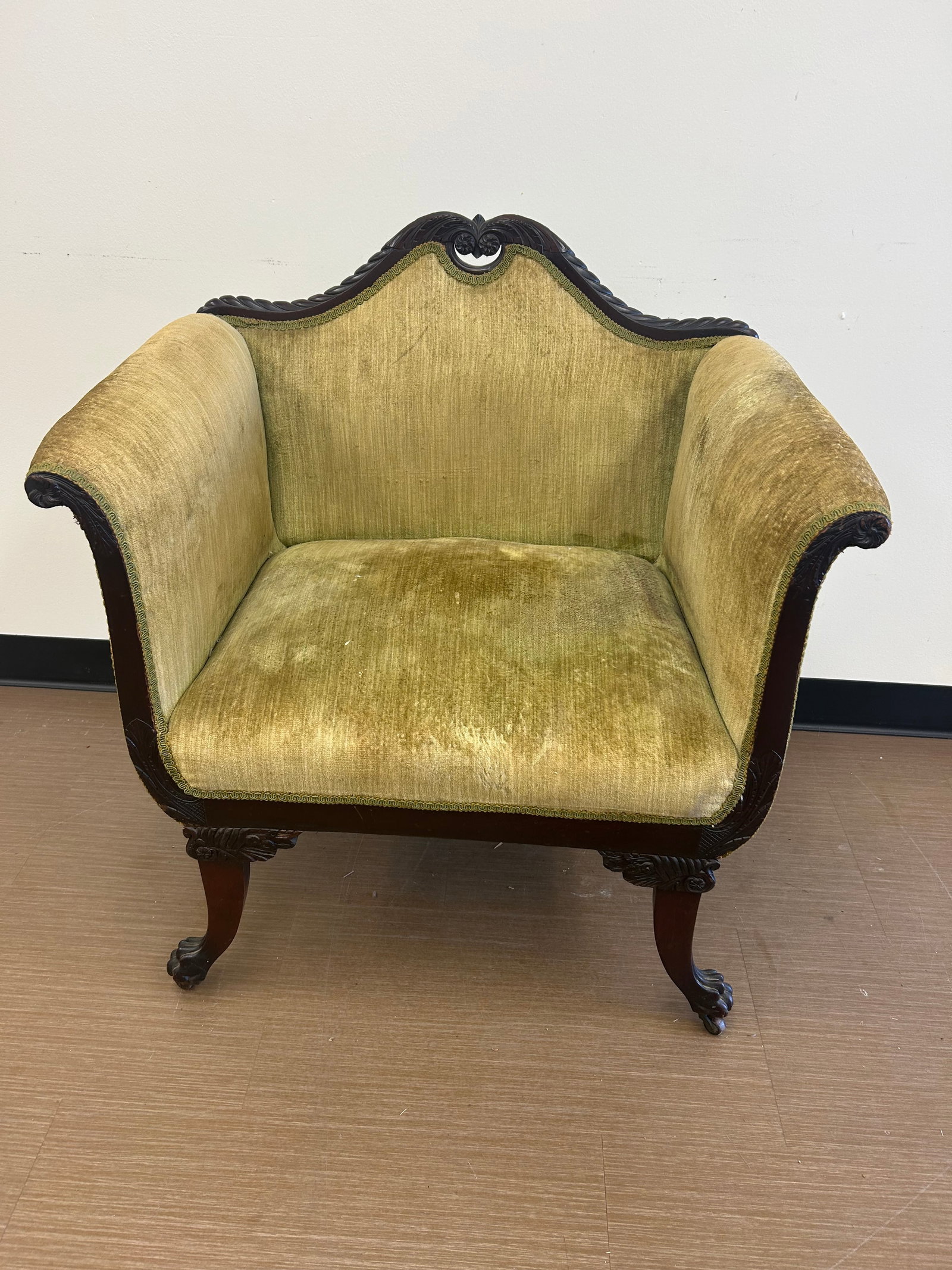 Carved Antique Chair: 33" x 30" x 21", sits on carved feet