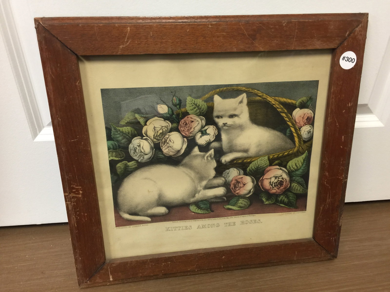 Currier & Ives Kitties Print: frame is 18" x 16", exposed is 14" x 12", titled " Kitties Among The Roses" dated 1873
