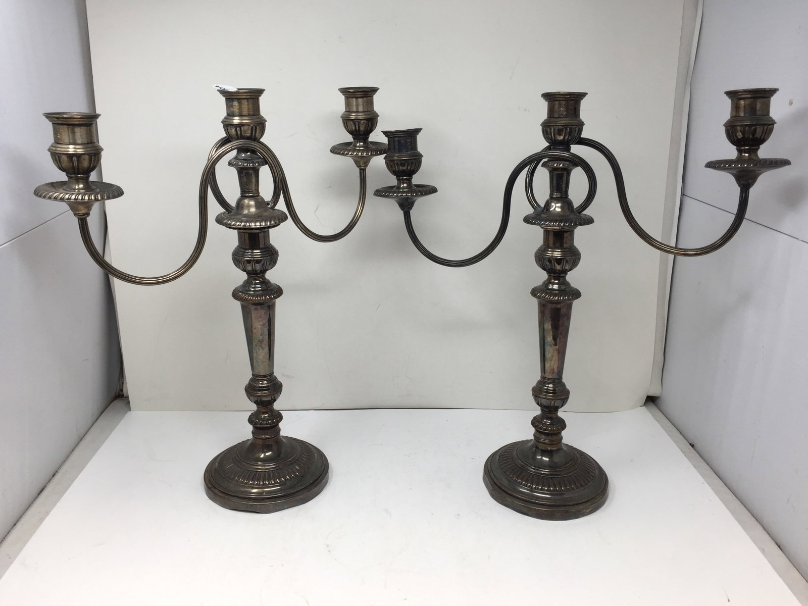 Pair of Silver-plated Candelabras: 17" x 14", 2 pieces