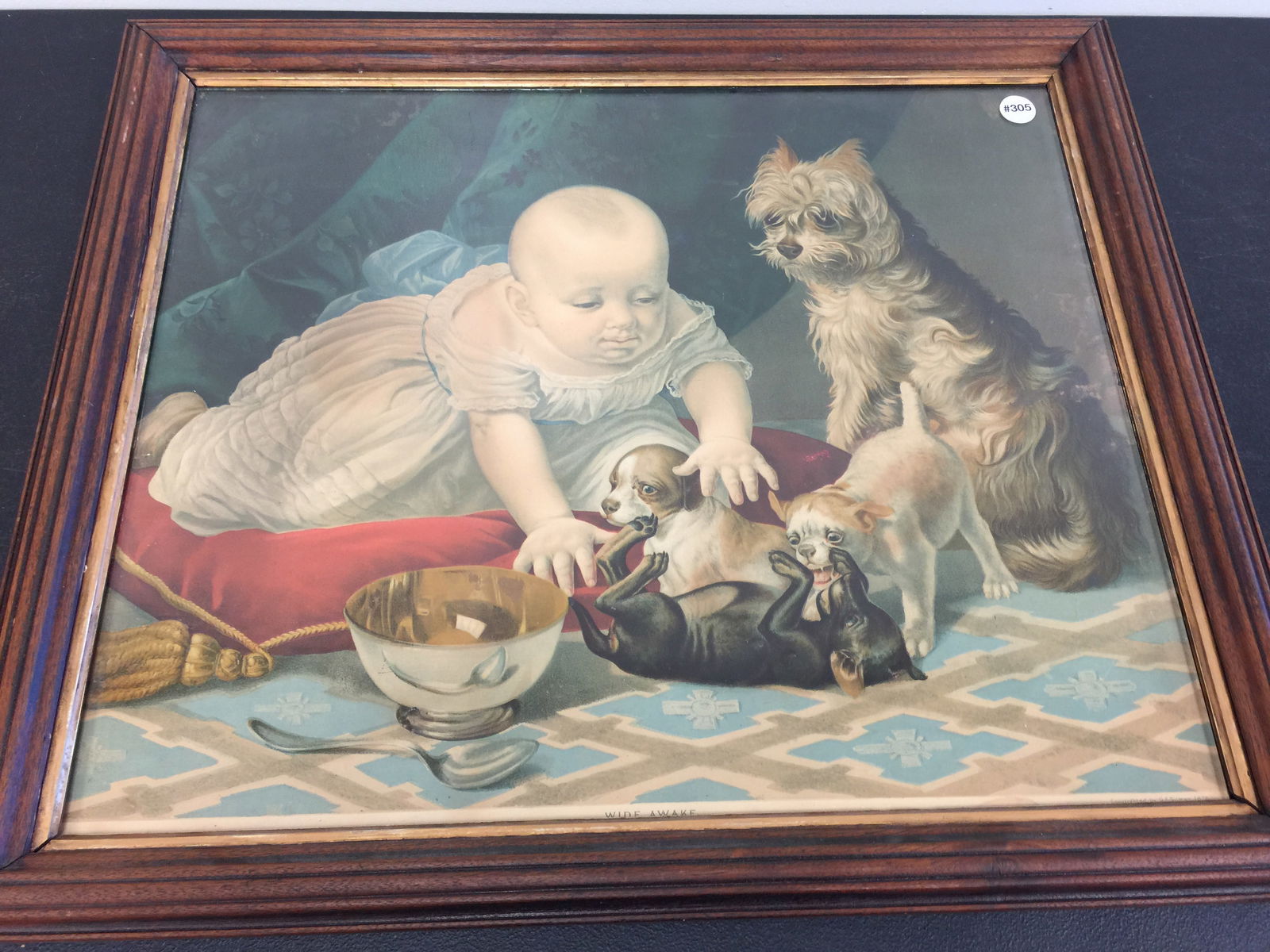Antique Litho with Puppies: oak frame is 28" x 24", exposed is 24" x 20", titled " Wide Awake", SLR and dated 1876