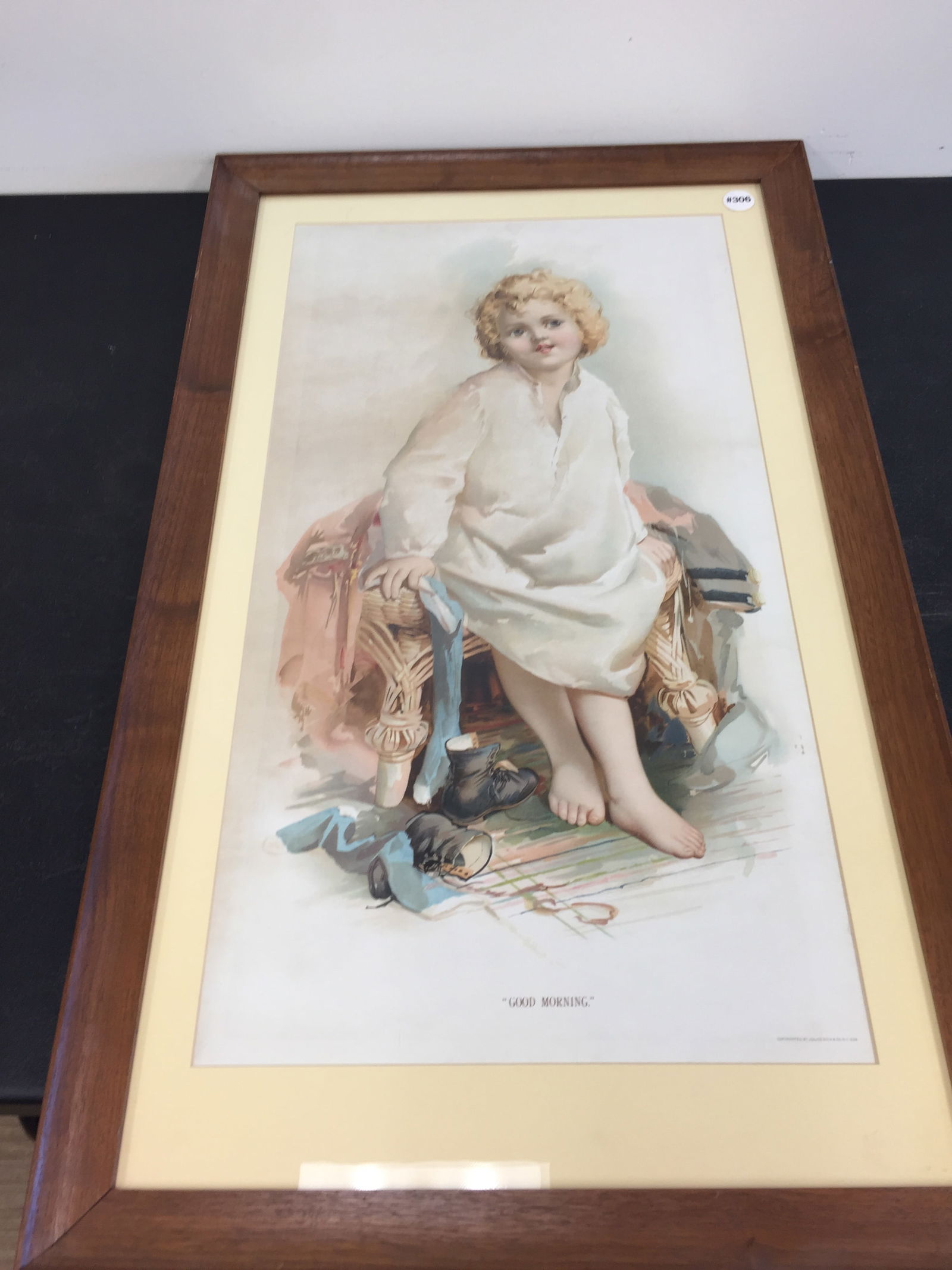 Antique Litho with Child: oak frame is 20" x 33", exposed is 15" x 28", titled " Good Morning", SLR and dated 1894`