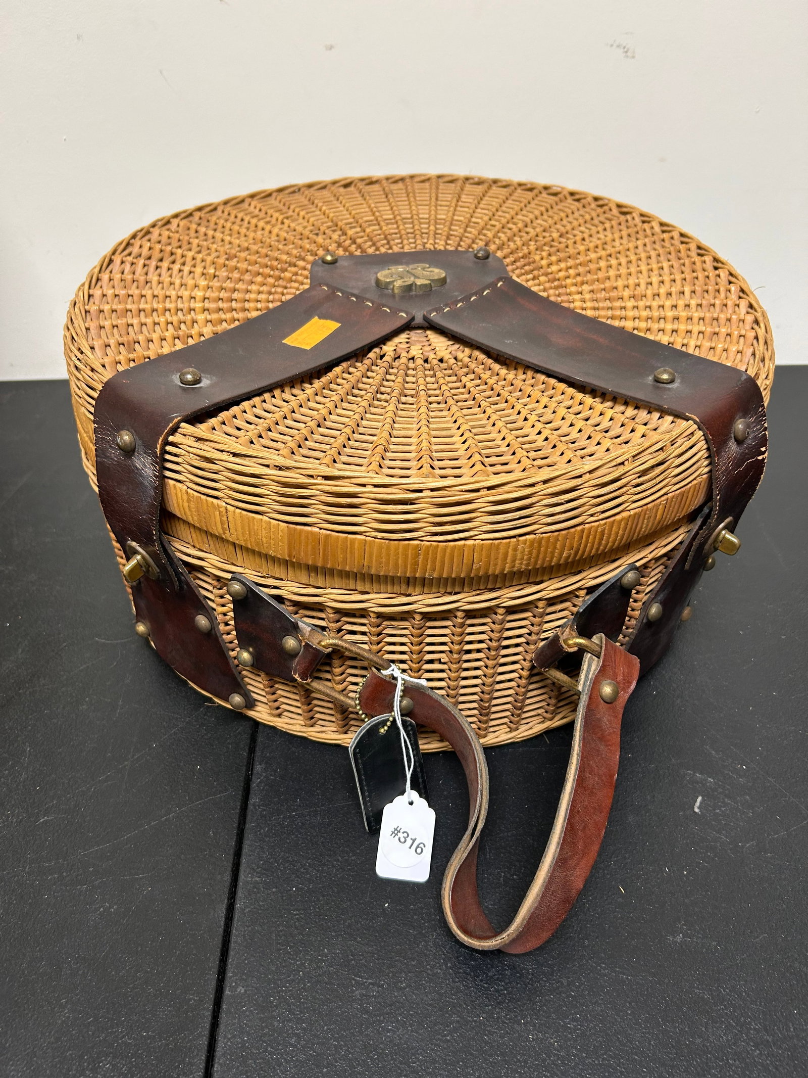 Vintage Basket: 8" x 16", has leather straps