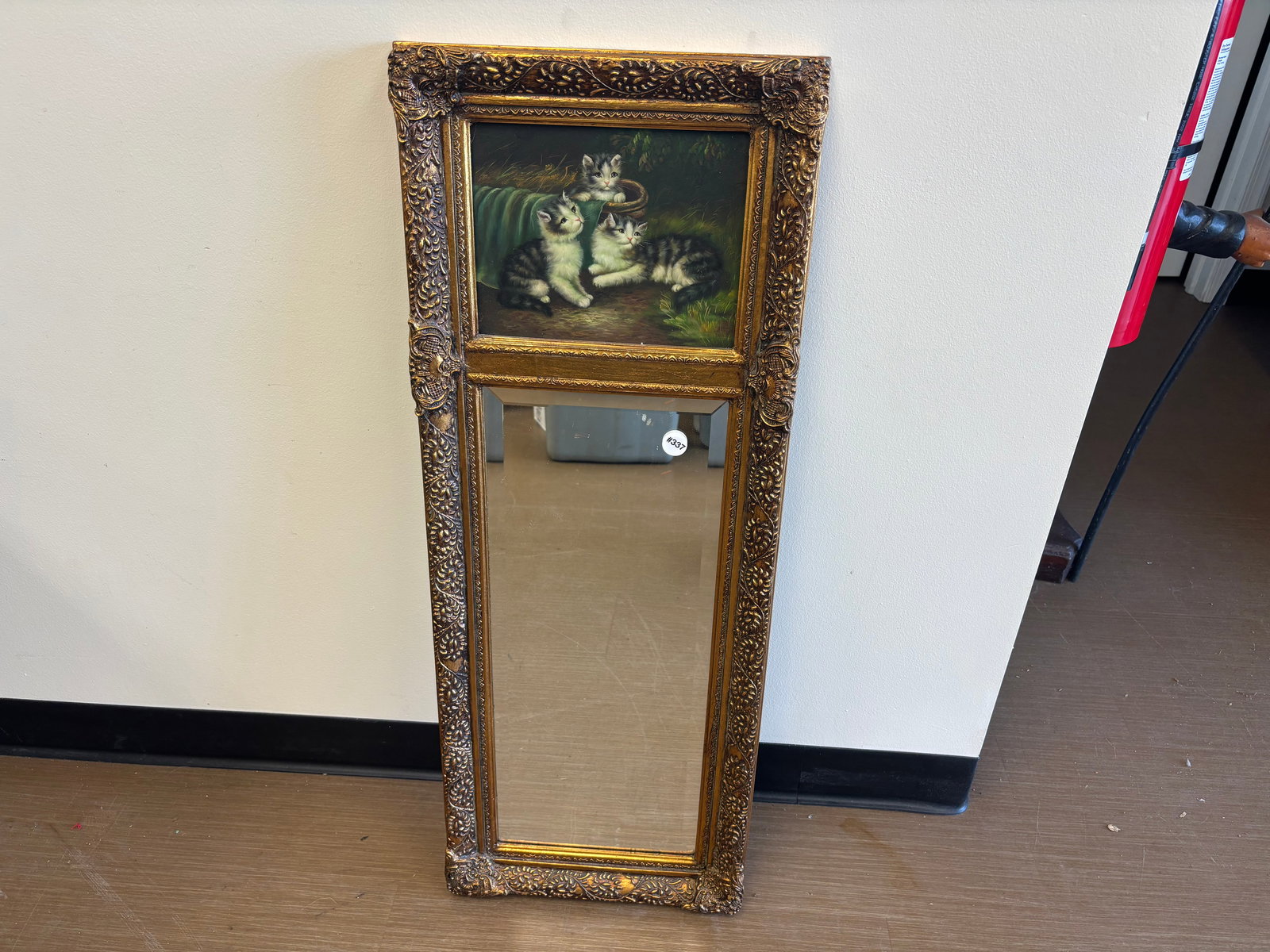 Gilt Painted Trumoe Mirror: hand painted kittens, 15"x37".