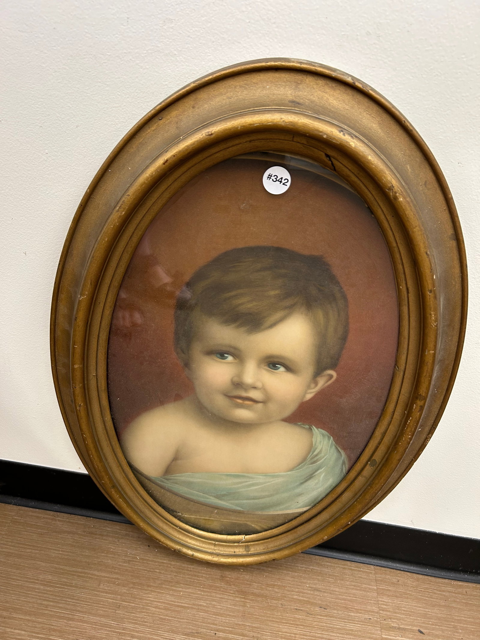 Victorian Litho of Young Boy: frame is 19" x 29", exposed is 13" x 23", in antique gilt wood frame