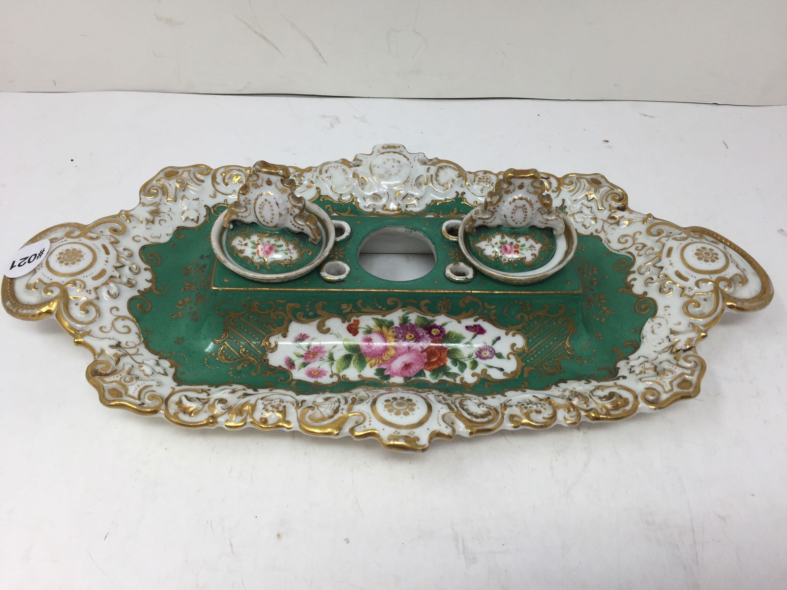 French Porcelain Inkwell: triple well, old paris, 15"W.