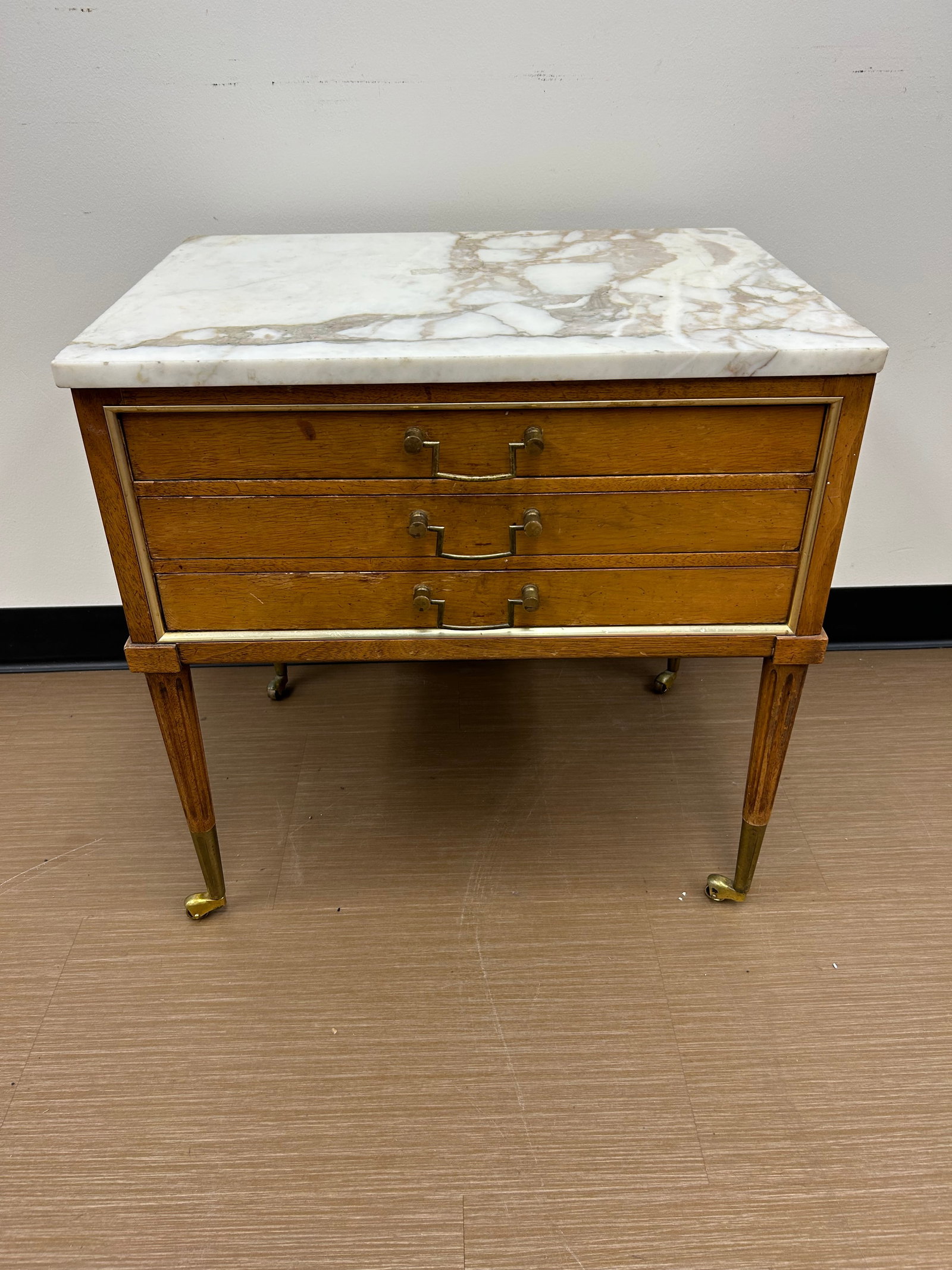 French Marble Top Table: 24" x 24" x 18", has 3 dovetailed drawers