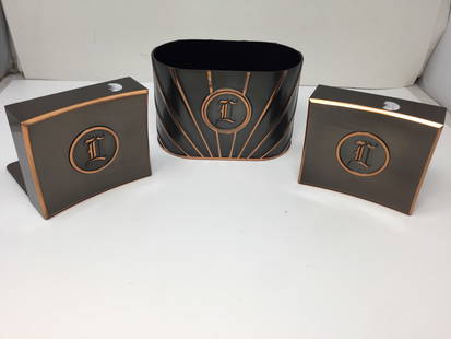 Art Deco Desk Set: Mixed metal with bronze. Includes a pair of 5" bookends and an 8" organizer.