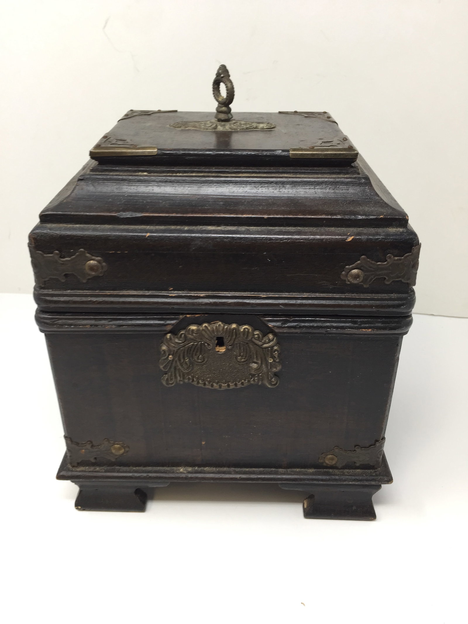 Wooden Dresser Box: 10" x 9". Has brass mounts.