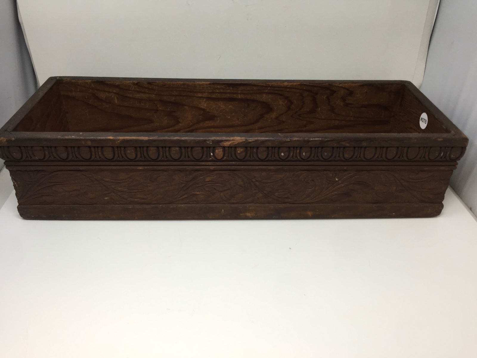 Carved Oak Plant Box: 6" x 25" x 9". Carved on all four sides.