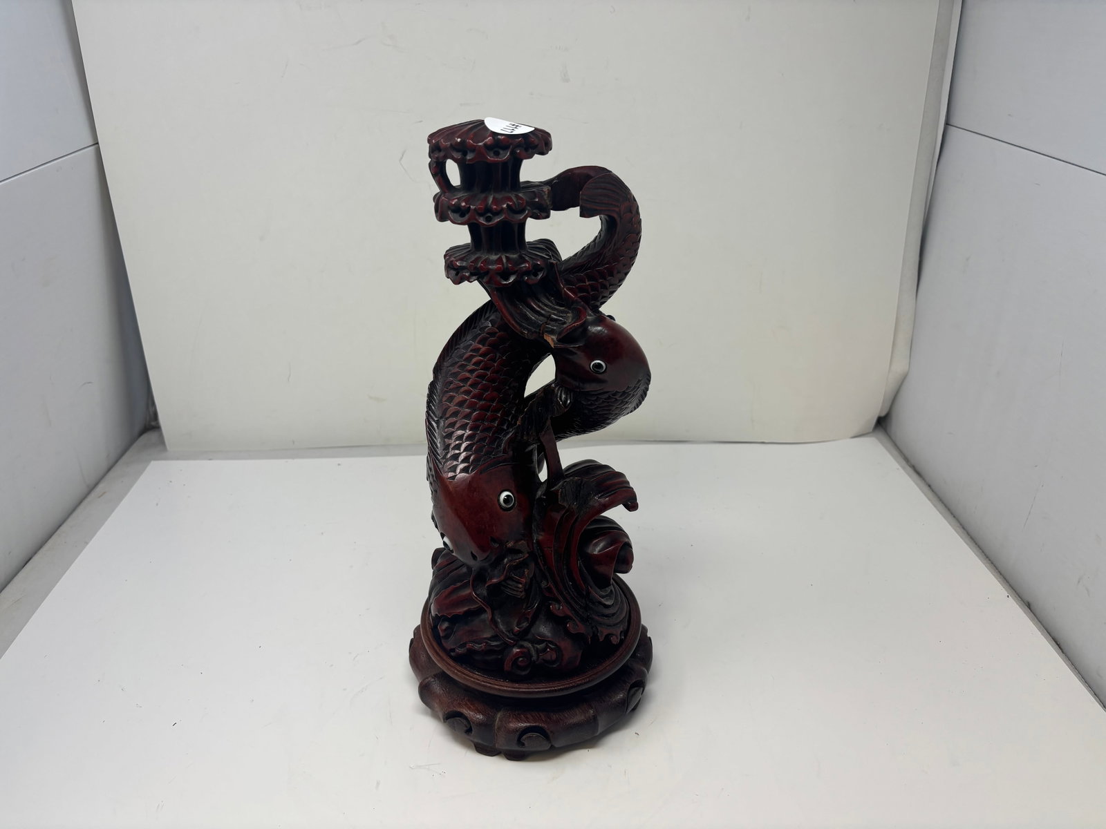 Carved Asian Statuary: 13"H, sits on rosewood carved vase.