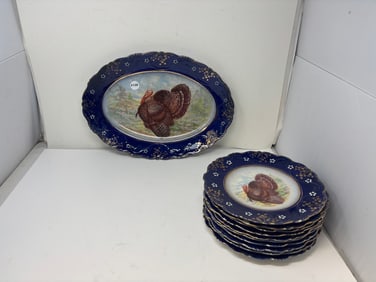 Flow Blue Turkey Platter & 10 Plates