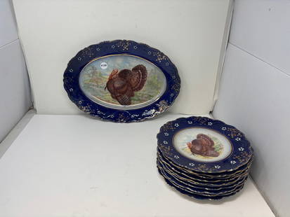 Flow Blue Turkey Platter & 10 Plates: platter 17"W, plates 10"W.