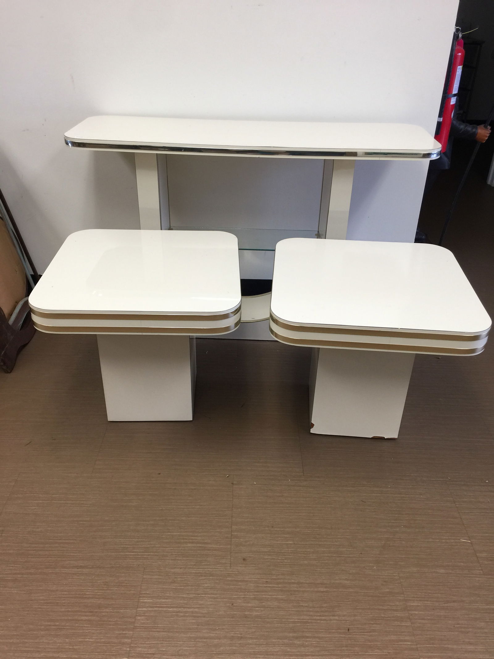 Post Modern Stand and Matching Tables: console table, 30"x48", and matching tables, 20"x22".