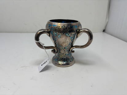 Antique Alvin Sterling Art Glass: marked on base "sterling deposit silver 1003", with blown art glass blue and monogrammed on front. 6"x5".