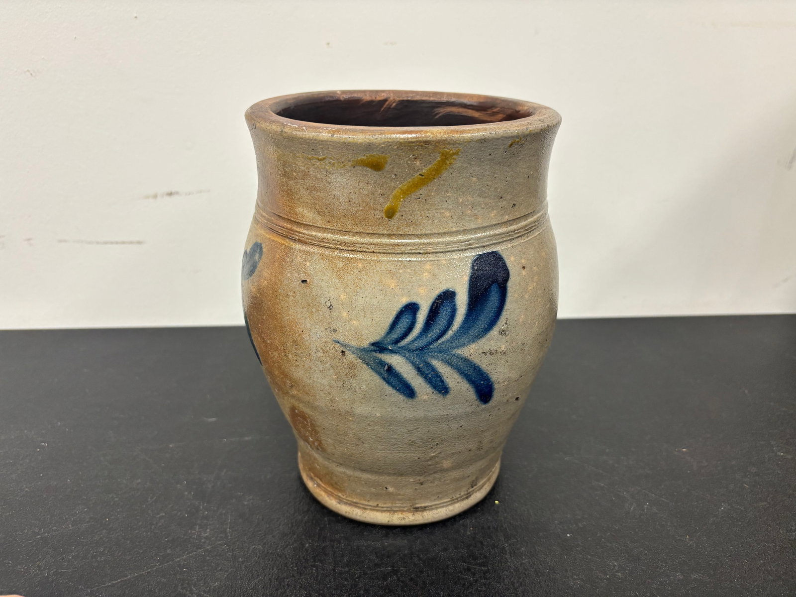 Stoneware Crock: attributed to remmey out of phila. pa, blue foliate decoration, 8.5"H.