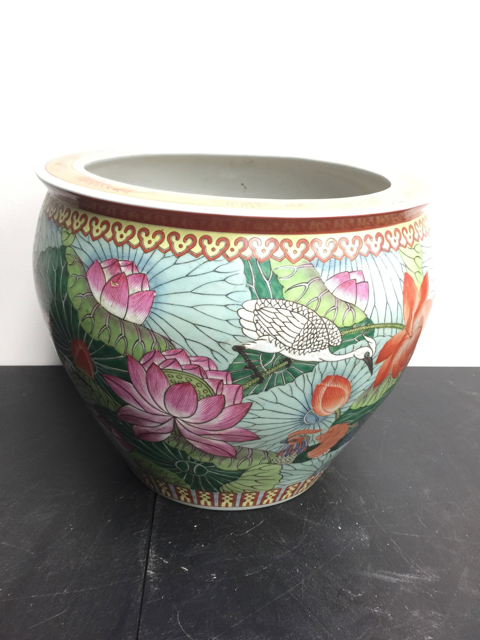 Asian Jardiniere: has Coy fish decoration, 16" x 20", has chop mark on bottom