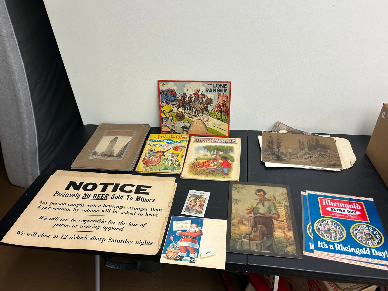 Ephemera Lot: includes vintage signs, books, puzzle and more