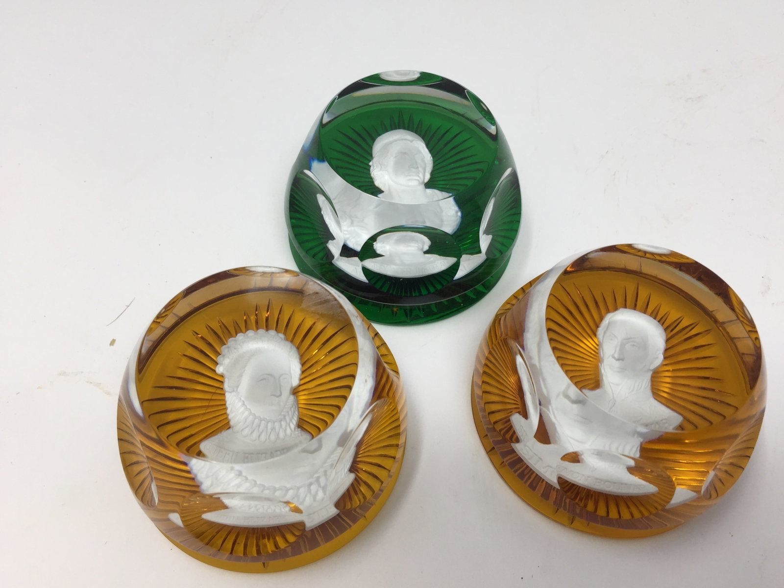 (3) Baccarat Paperweight: simon bolivar, alexander the great and queen elizabeth.