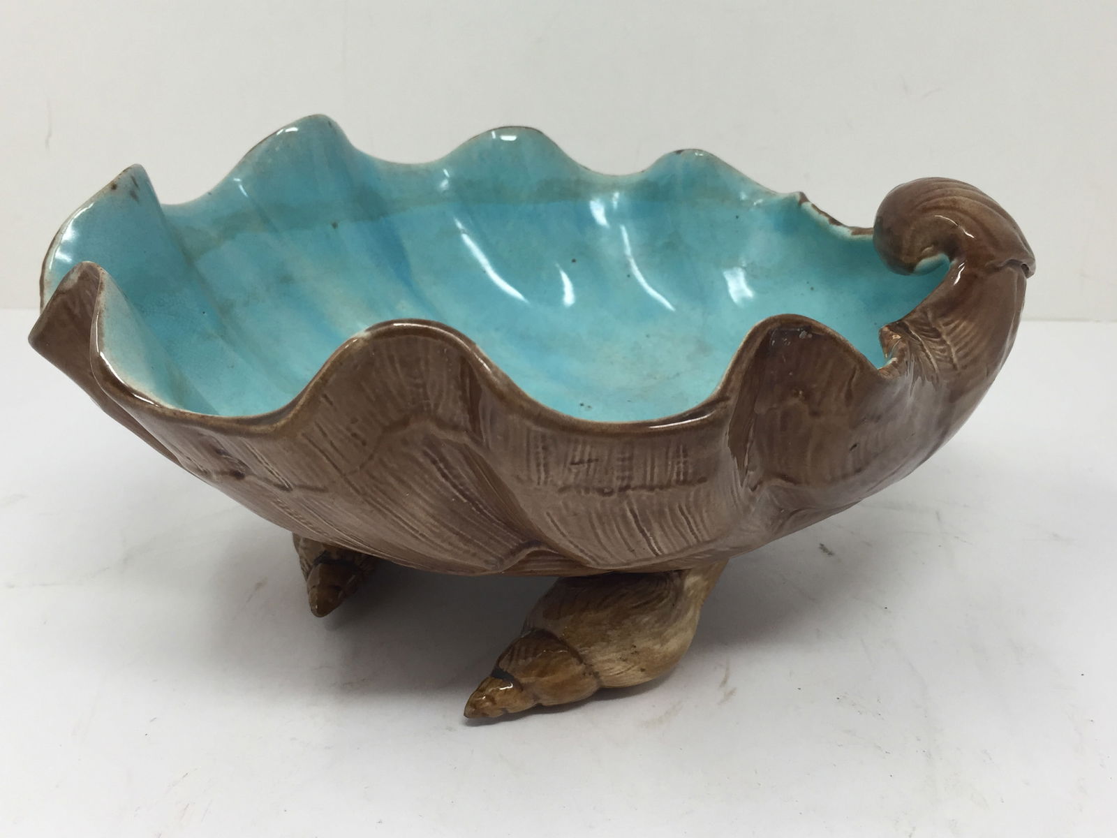 Majolica Shell Bowl: conche shell footed base, 9"W.