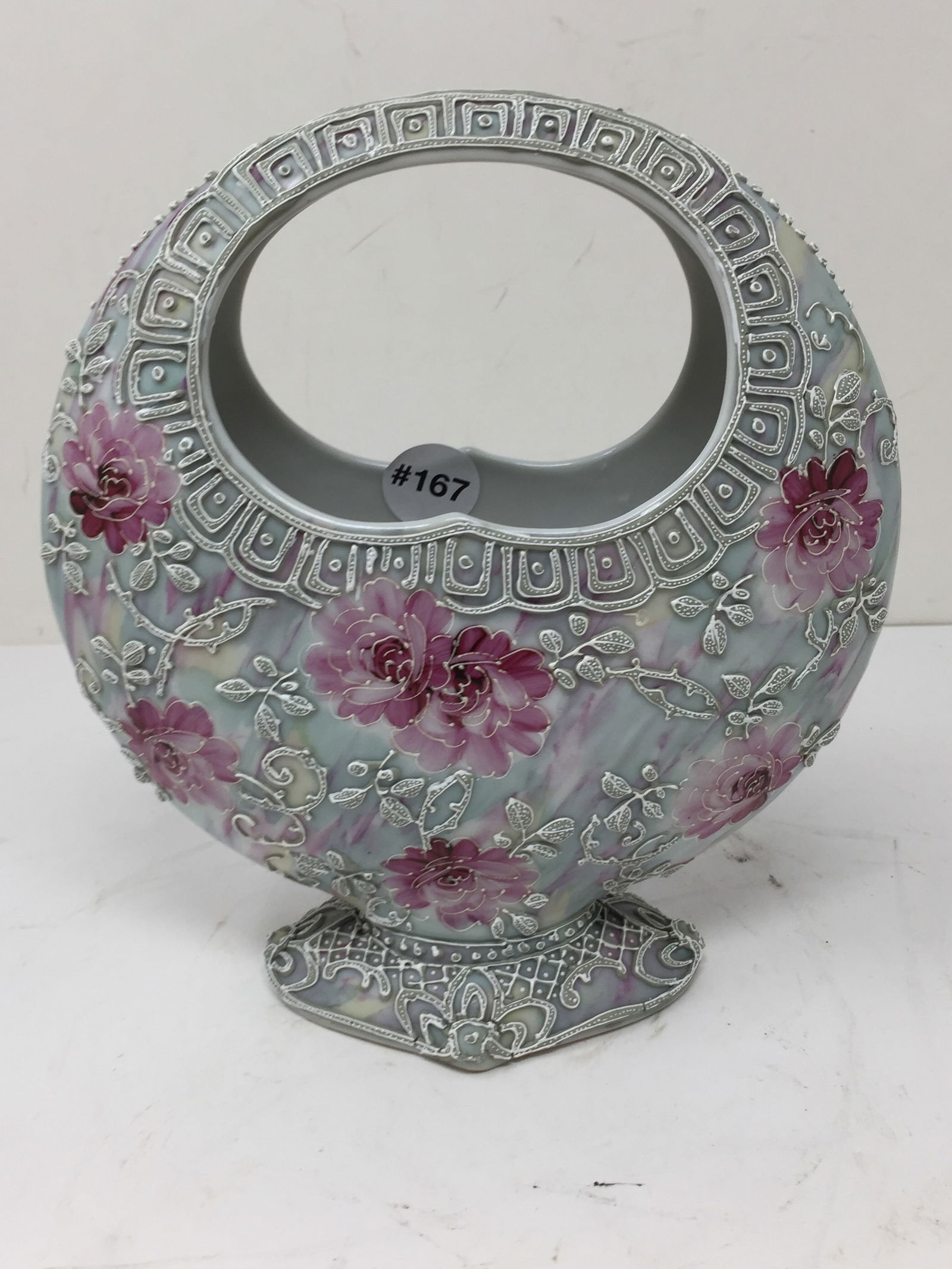 Nippon Moriage Moon Basket: hand decorated, 9"H.