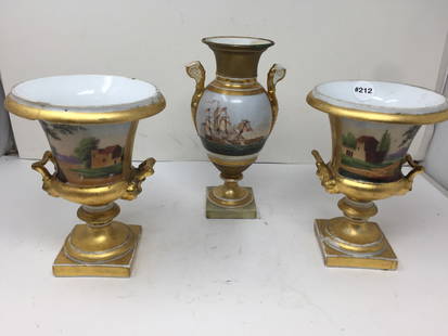 3 Pcs Old Paris Porcelain: Includes matching landscape urns and other a scene depicting American and other Naval ship. Largest 9.5" H.