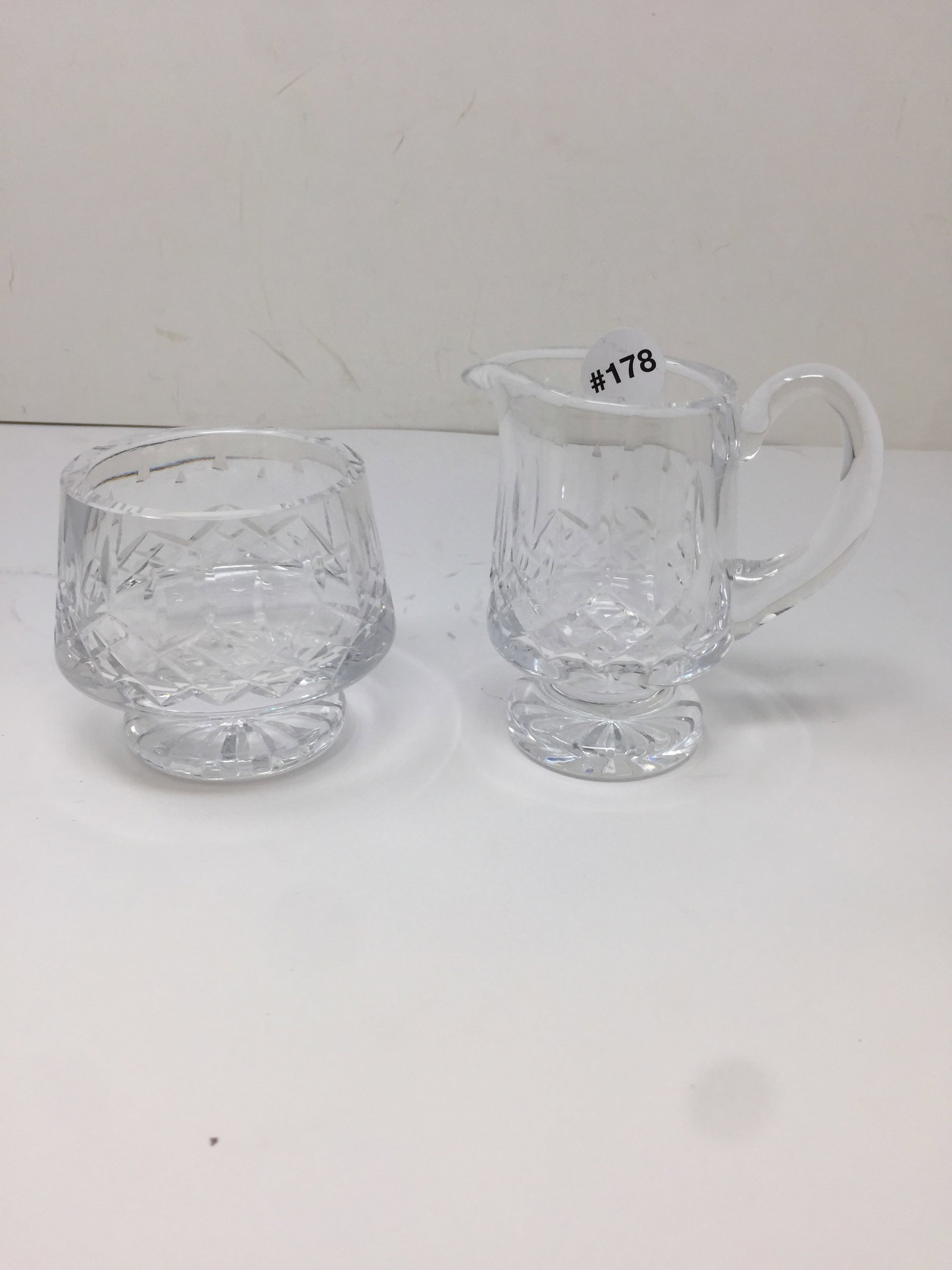 Waterford Lismore Creamer & Sugar: creamer is 5" tall, marked on bottom