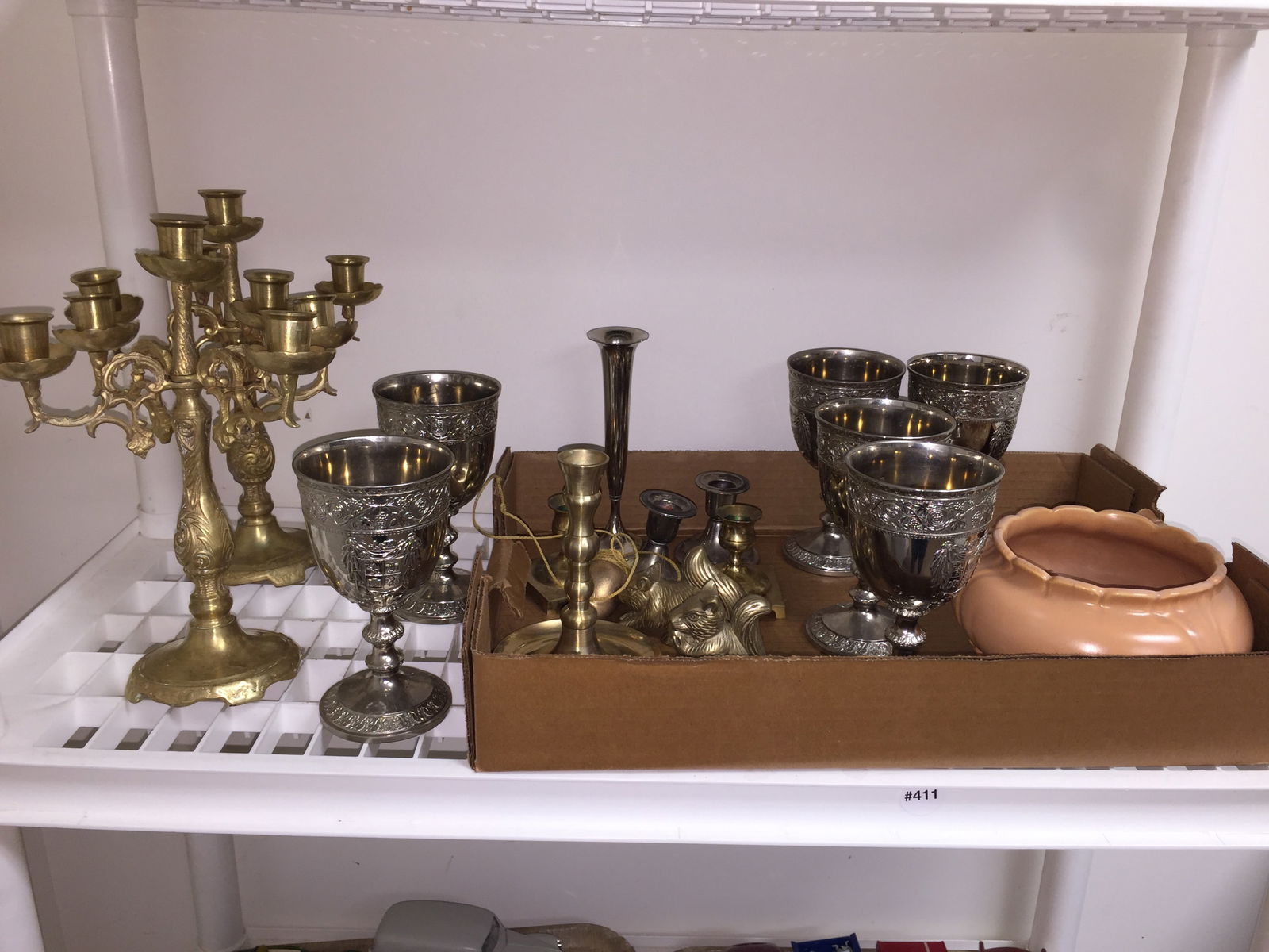 Brass & Silver Plate: Includes various brass pieces and silverplate goblets