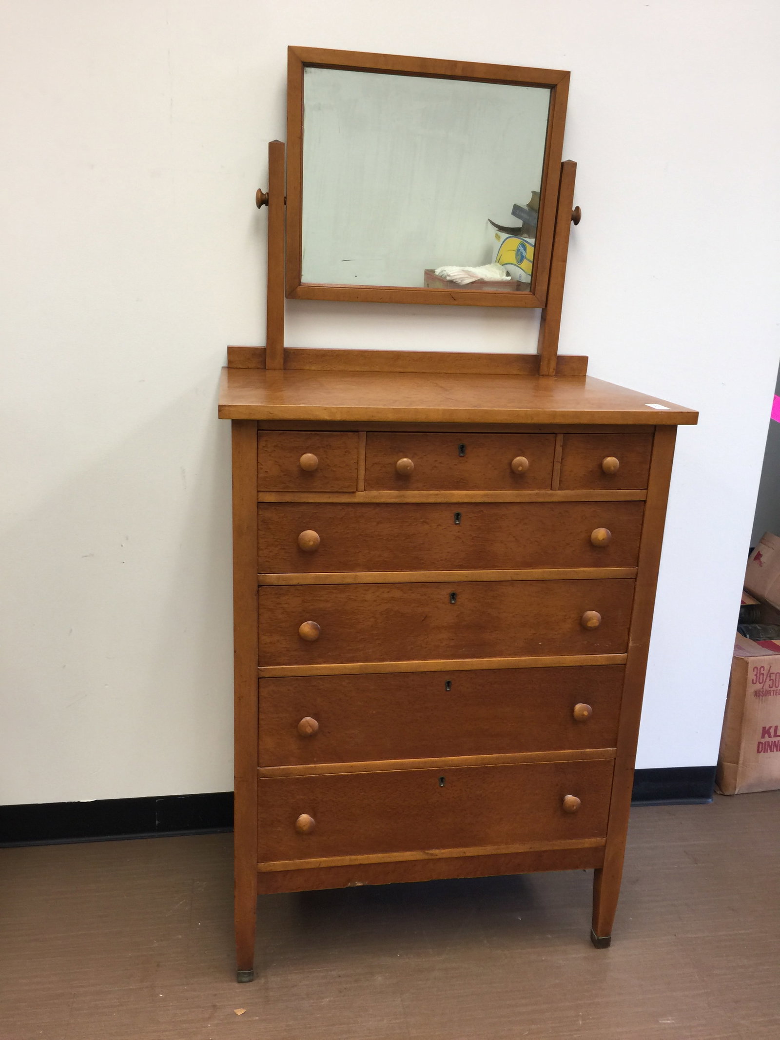 Birds Eye Maple Hi Chest and Mirror: 68"x32"x21".