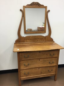 Antique Oak Hi Chest and Mirror