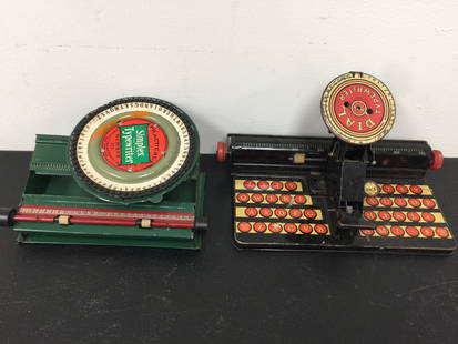 (2) Vintage Tin Toy Typewriters: marx and simplex brand. largest 12"W.