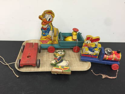 (3) Fisher Price Donald Duck Pull Toys: largest 11"L.