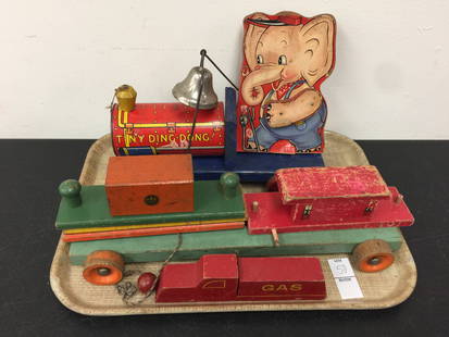 (2) Vintage Pull Toys: fisher price "tiny ding-dong" and holgate toys pull train. largest 16"L.