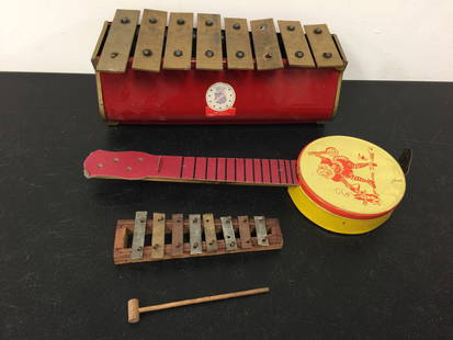 Vintage Tin Musical Toy Lot: banjo, and two xylophones.
