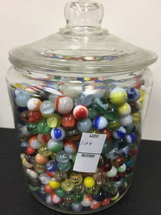 Jar of Marbles: Jar full of vintage swirl marbles and more. Jar 10" H.