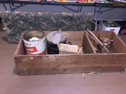 Primitive Box w/Contents: Box 61" L. Includes all contents such as advertising tins, linens and primitives.