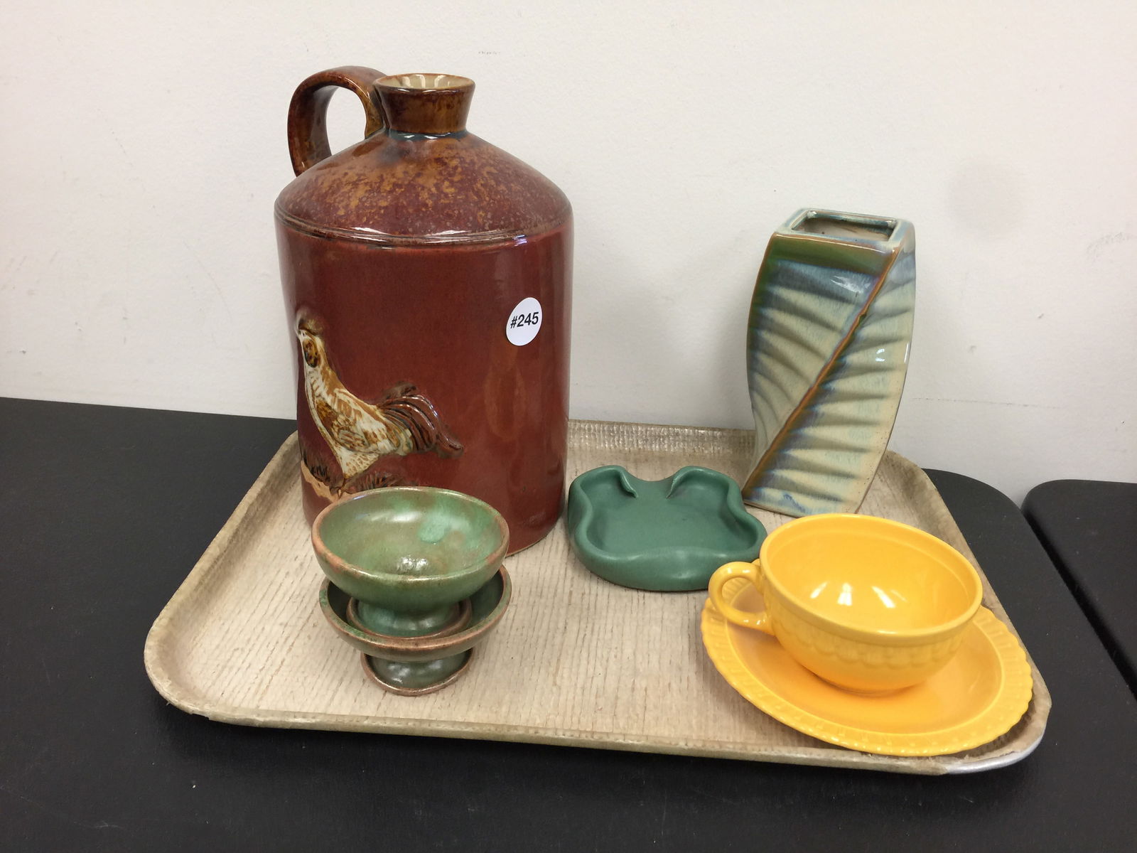 Pottery Lot: rooster jug, redware footed salts plus. Largest 13"H.