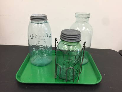 Blown Glass Lot: green ball jar in carrier, two pieces blown aqua glass. Largest 11"H.