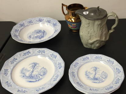 Transferware Plus: six pieces of seine wedgwood transferware, ridgeway lidded pitcher plus.