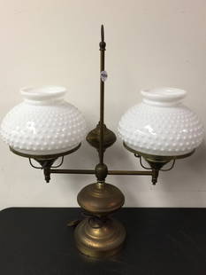 Antique Brass Students Lamp: white milk glass hobnail shades, 23"H.